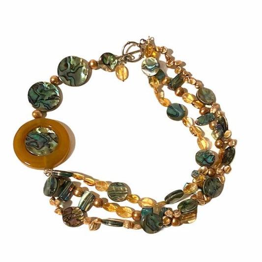 Triple Strand Asymmetrical Abalone Gold Pearl Necklace Top View