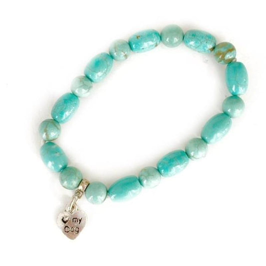 Blue Turquoise Amazonite Beaded Stretch Bracelet with Heart Dog Charm Top View