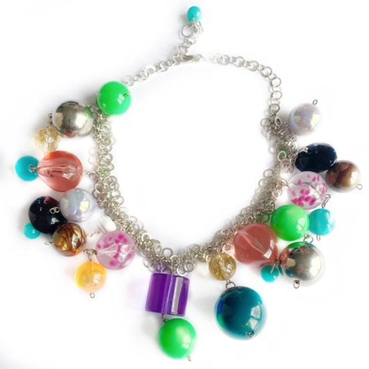 Tutti-Frutti Big Multi-coloured Bauble dangling bead necklace wire-wrapped to circle link sterling silver cascading chain Top view