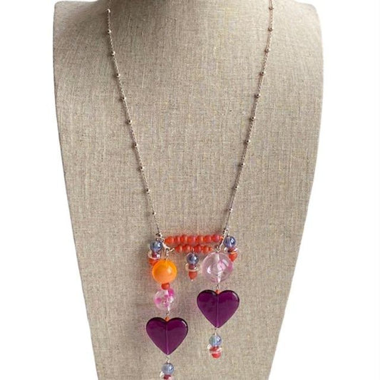 Twin Hearts Dangling Fantasy Necklace on Linen Bust