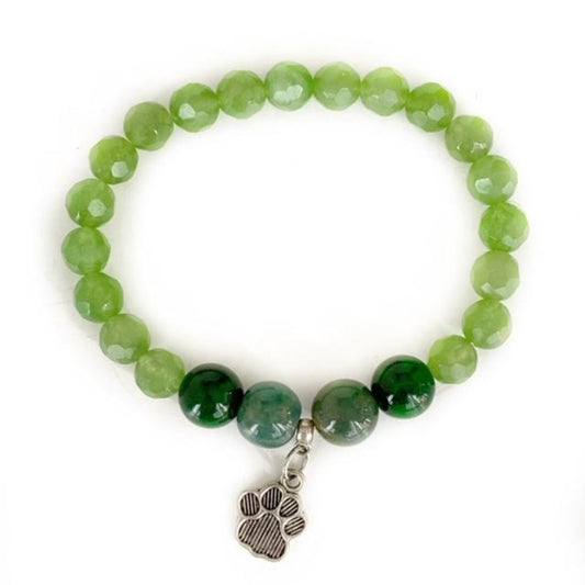 Two Tone Green Jade Agate Beaded Stretch Paw Print Charm Bracelet Top View