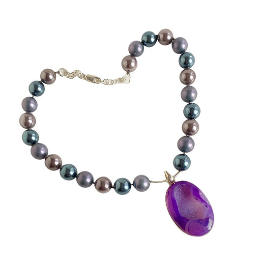 Variegated Shell Pearl Purple Drusy "Woman In Motion" Necklace Top View