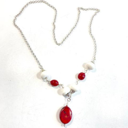 White Agate Red Lacquer Sea Bamboo 31" Long Necklace Top View