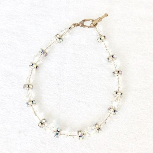 White Beaded Austrian Crystal Bridal Bracelet with Gold Tone Bar Toggle clasp Top View