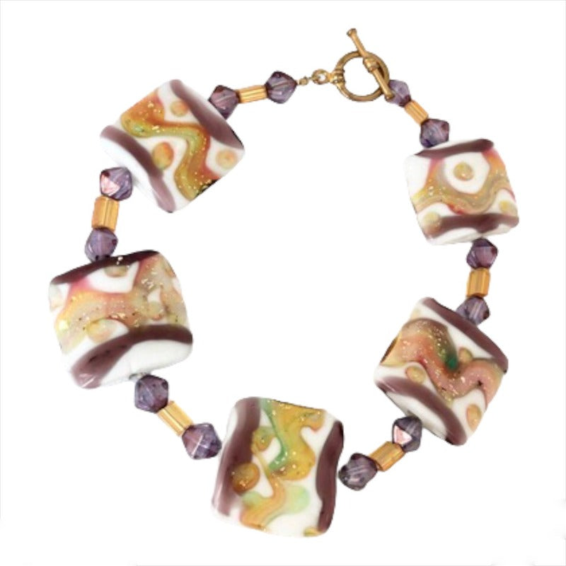 White Ceramic Swirl Beaded Bracelet with Gold tone Small Toggle Clasp Top View