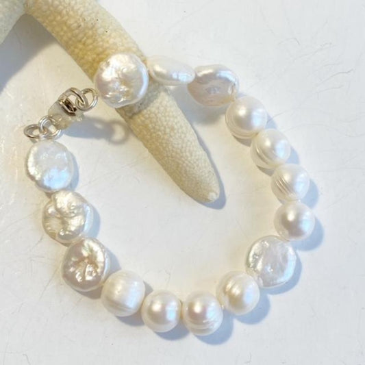 Hand-knotted Coin & White Round Pearl Bracelet on Starfish Prop