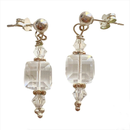 Sparkling white square crystal cube earrings on Sterling Silver Stud Ear wires Top view
