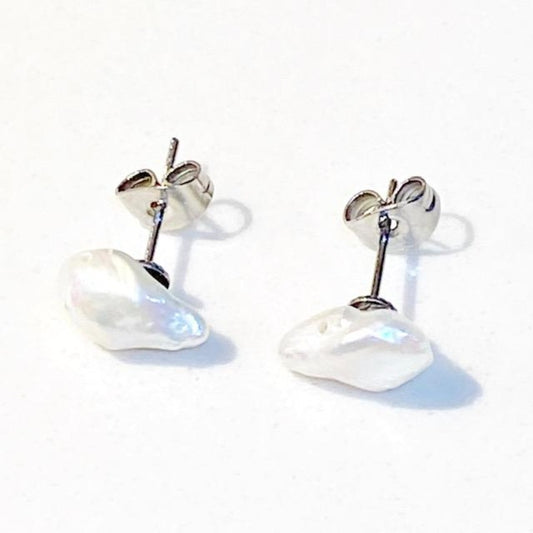 White Keshi Pearl Stud Earrings Side View