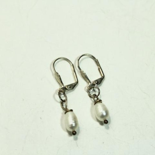Classic White Potato Pearl Single Drop Silver-plated Lever-back Earrings Top View