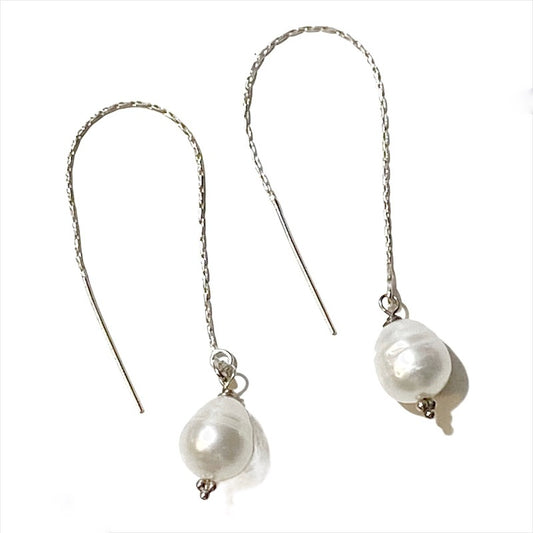 Long White Freshwater Pearl Threader Earrings Top View