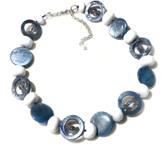 White agate blue Mother-of-Pearl Bead hand-knotted 18-inch necklace with sterling lobster clasp and 3-inch extender chain top view