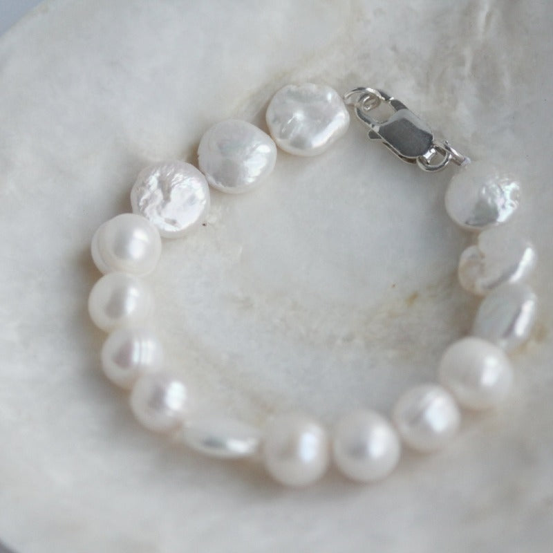 White freshwater pearl coin pearl bracelet Top View