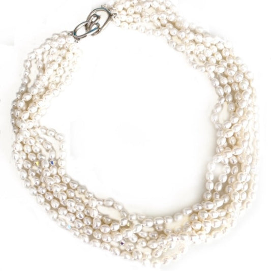 Hand-knotted six strand white pearl and crystal choker style necklace 16 inch length with an easy hook silver tone slip-together clasp