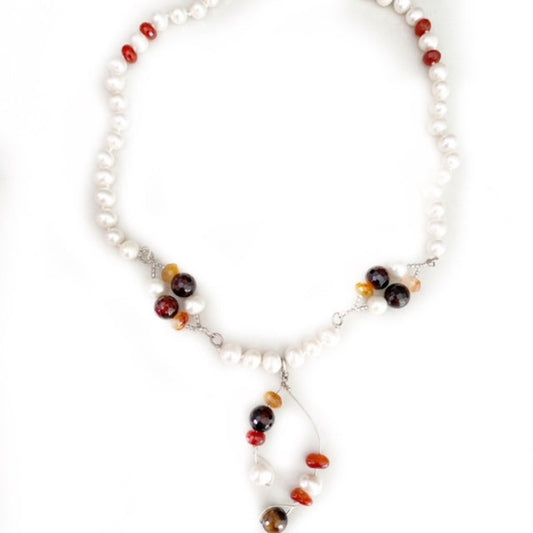 White pearl hand-knotted 20-inch necklace with Carnelians, chocolate brown and orange agate semiprecious wire-wrapped designs top view