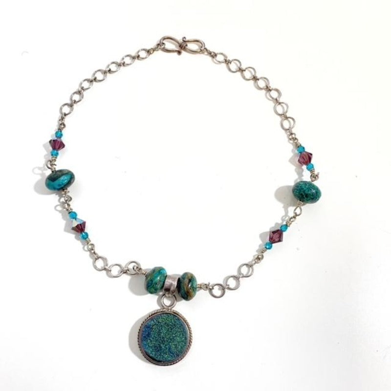 Wire-wrapped Chrysocolla sterling silver chain link choker necklace with turquoise and purple Austrian crystals and round shimmering Drusy pendant