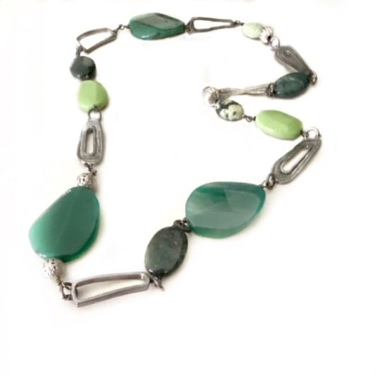 Wire-wrapped green agates, yellow turquoise and stone bead necklace with gunmetal links  28-inch for over-the-head easy styling