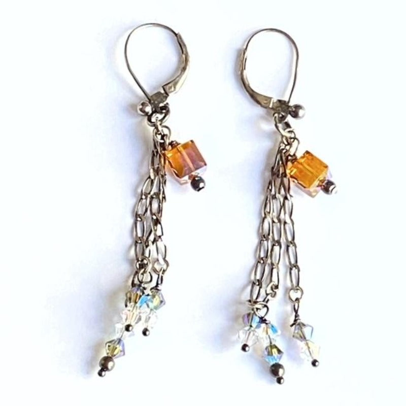 Elegant yellow topaz-coloured crystal cube bead and three long sterling chains with crystal accents on sterling silver leverback ear wires top view
