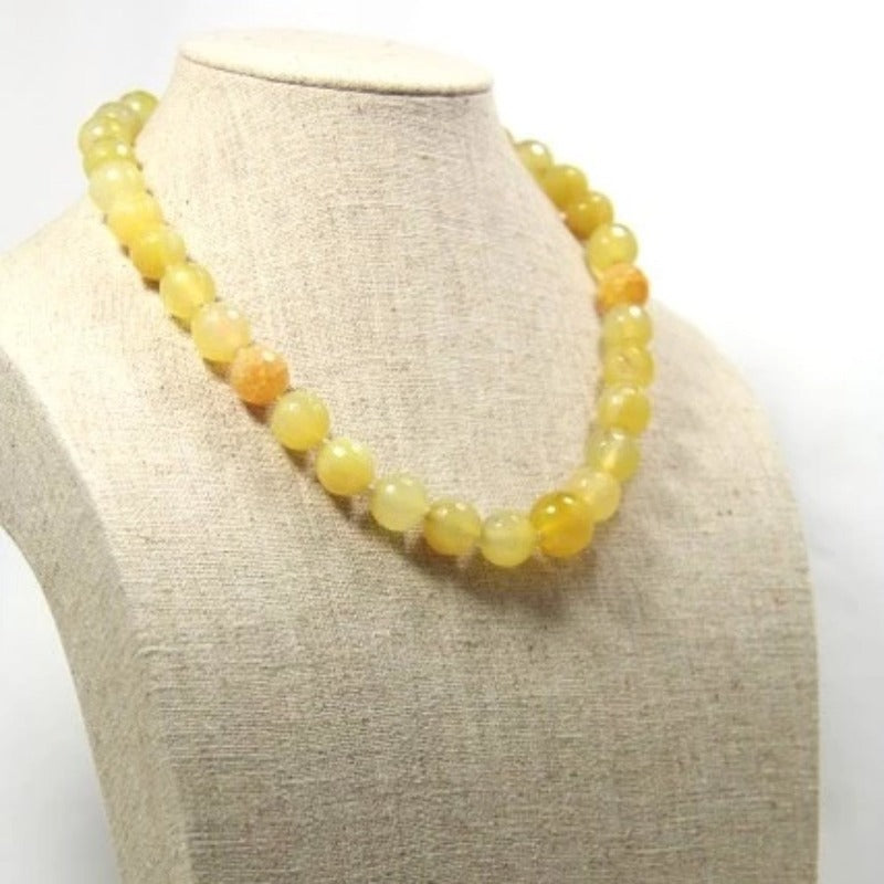 Hand-knotted Yellow Agate 17 inch Choker Style Semiprecious Necklace 3/4 view on linen jewelry strand
