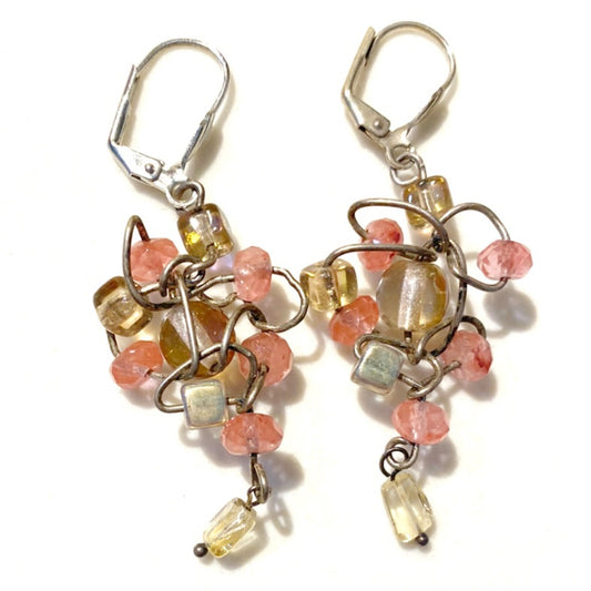 Strawberry Quartz Yellow Bead Hand-wrapped Twisted Dangling Earrings on Plain Silver-plated Lever Backs Top View