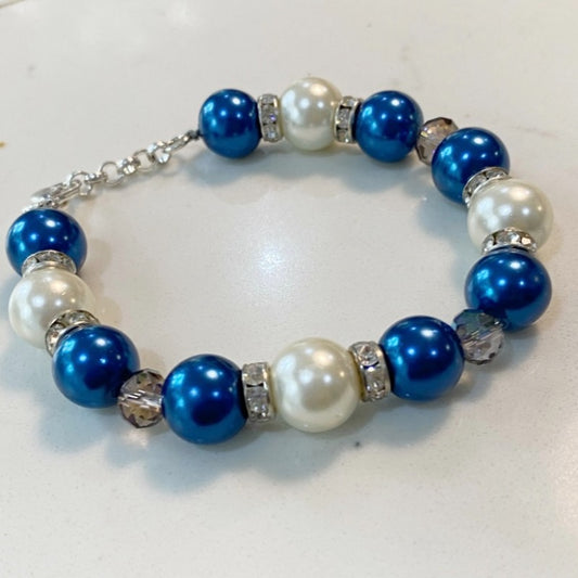 Blue and White Shell Bead Hand-knotted Fancy Bracelet Top View